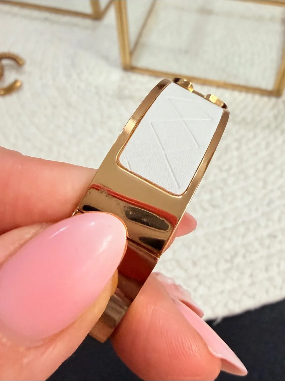 White & Gold Quilted Logo Statement Bangle Bracelet | Fashion | Size 6.5 -7